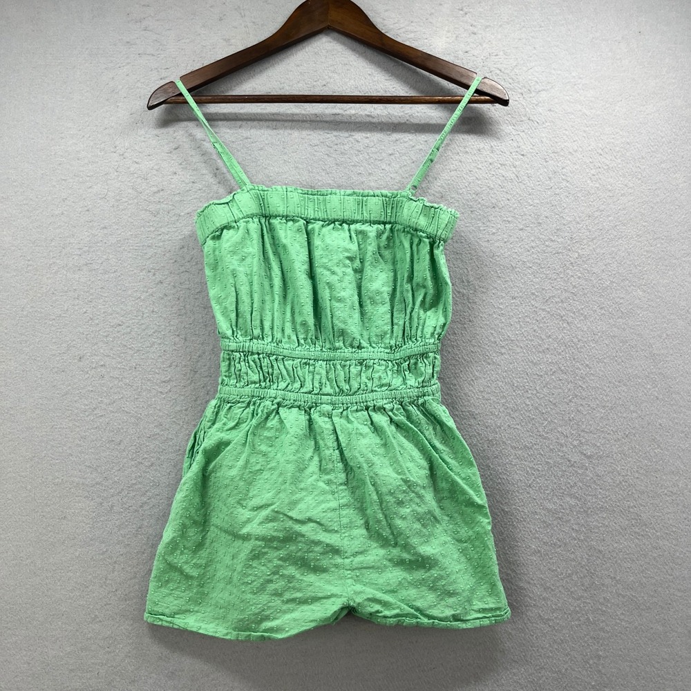 Sadie & Sage Romper Women XS Green Swiss Dot Smocked Strappy Boho Coastal Casual